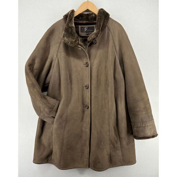 CG COLLECTION BY GALLERY Jacket Womens 2X Faux Fur Lined Button Front Coat Brown - Picture 1 of 14
